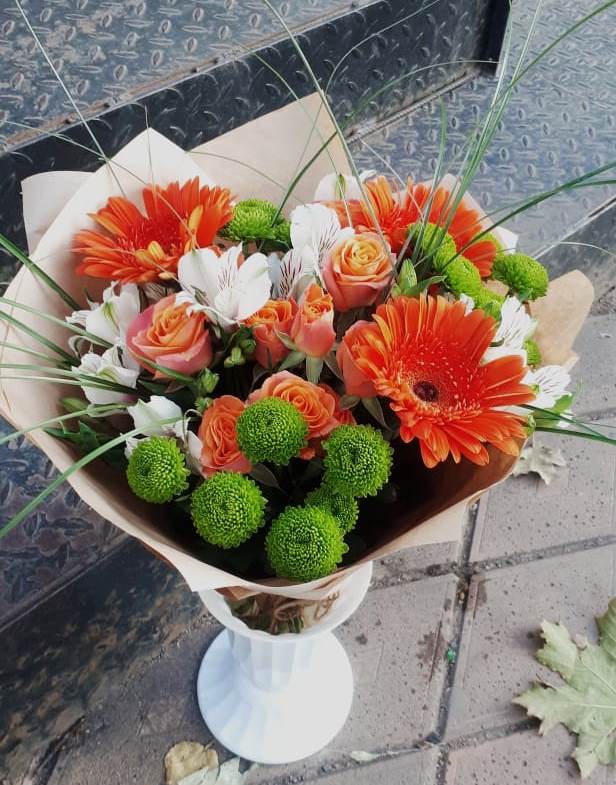 Букет цветов из: Герберы, Хризантемы, Альстромерии и Розы в Климово