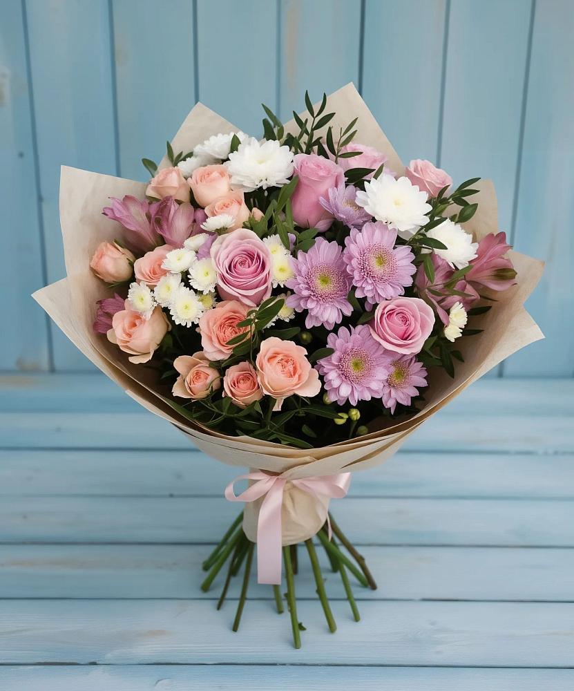 Букет цветов из: Хризантемы, Розы и Альстромерии в Климово