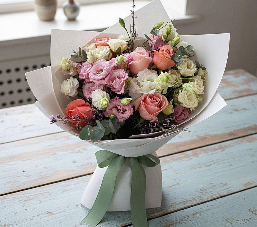 Букет цветов из: Розы, Лизиантусы и Гвоздики в Климово