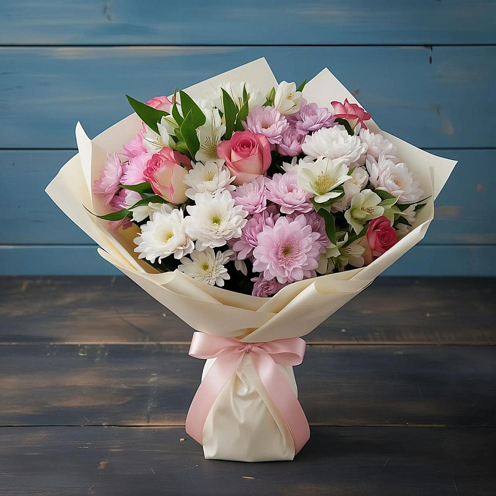 Букет цветов из: Хризантемы, Альстромерии и Розы в Климово